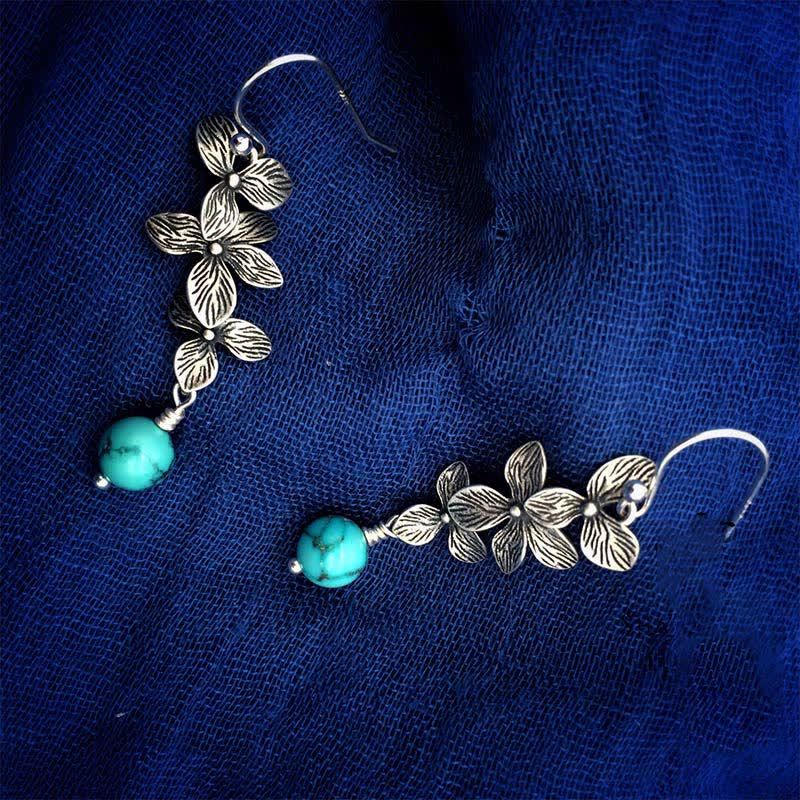 EverestArtStudios 925 Sterling Silver Turquoise Lazurite Lapis Lazuli Flower Leaf Serenity Protection Hook Drop Dangle Earrings