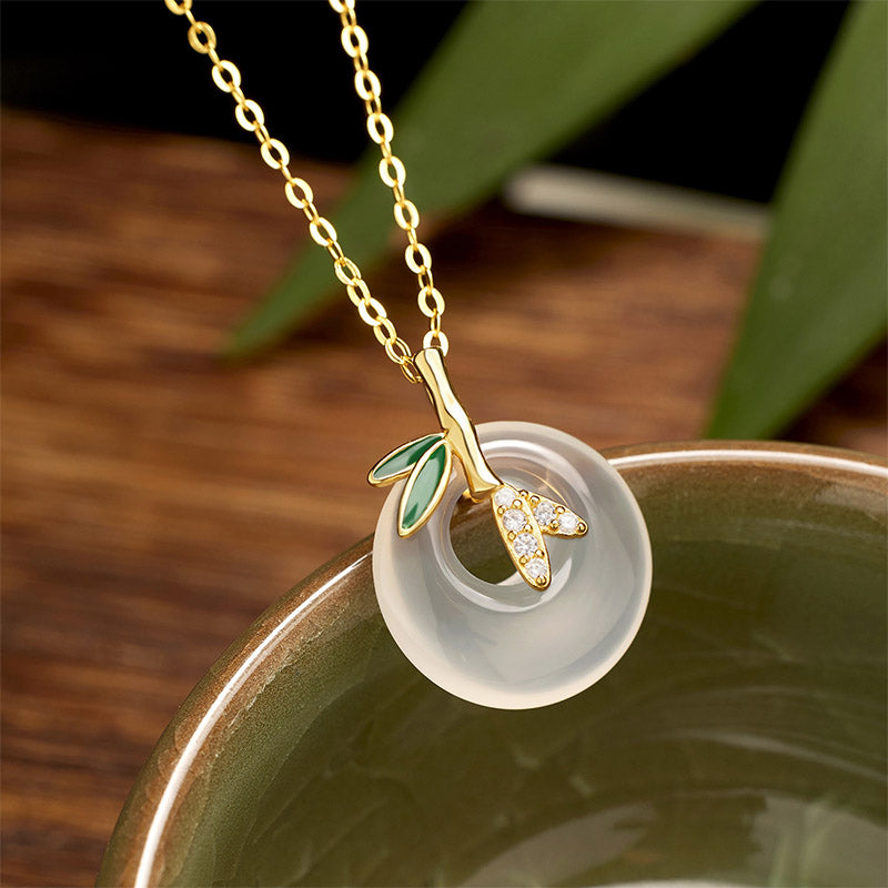 EverestArtstudios 925 Sterling Silver Natural Chalcedony Bamboo Leaf Peace Buckle Positive Necklace Pendant