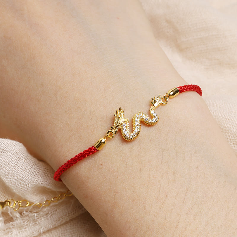 EverestArtstudios 925 Sterling Silver Year Of The Dragon Auspicious Golden Dragon Luck Red Rope Chain Bracelet