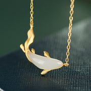 EverestArtstudios 925 Sterling Silver White Jade Dolphin Luck Necklace Pendant