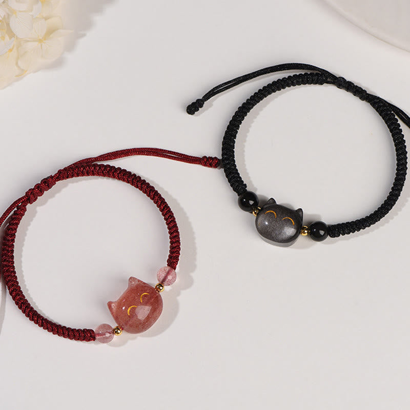 EverestArtstudios Handmade Natural Silver Sheen Obsidian Strawberry Quartz Cute Cat Protection Braided Bracelet