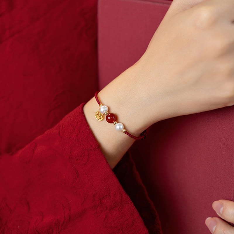 EverestArtstudios 925 Sterling Silver Good Fortune Fu Character Agate Pearl Red String Braid Bracelet