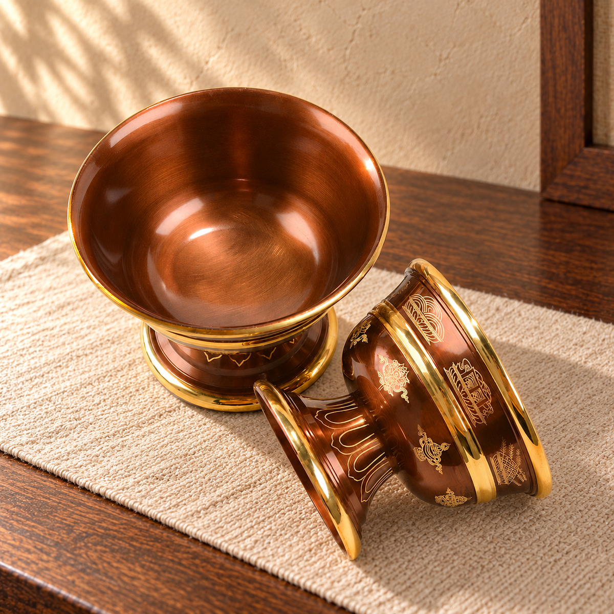 Two-bowl angle detail copper offering bowl — warm linen background