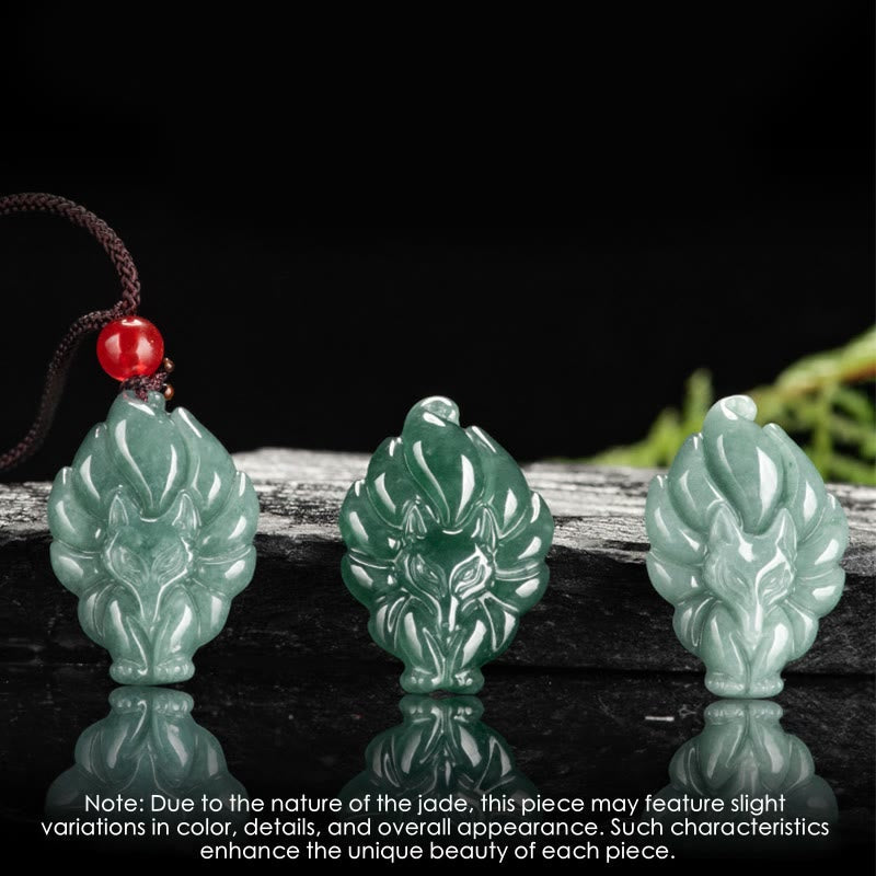 EverestArtstudios Natural Green Jade Nine Tailed Fox Luck Necklace Pendant