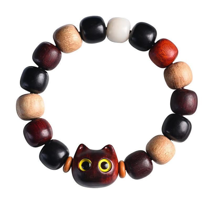 EverestArtStudios Small Leaf Red Sandalwood Ebony Wood Cute Cat Engraved Protection Bracelet