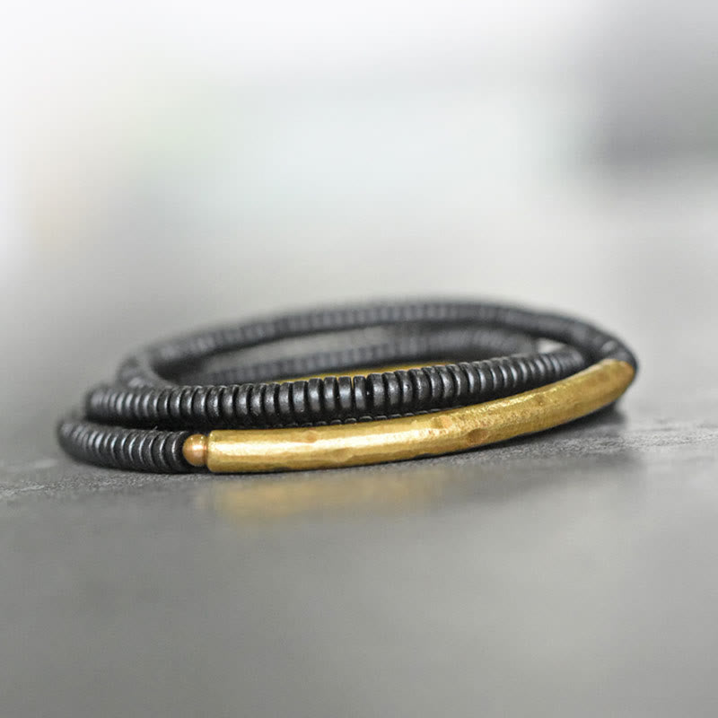 Buddha Stones Ebony Wood Brass Copper Balance Multilayered Bracelet