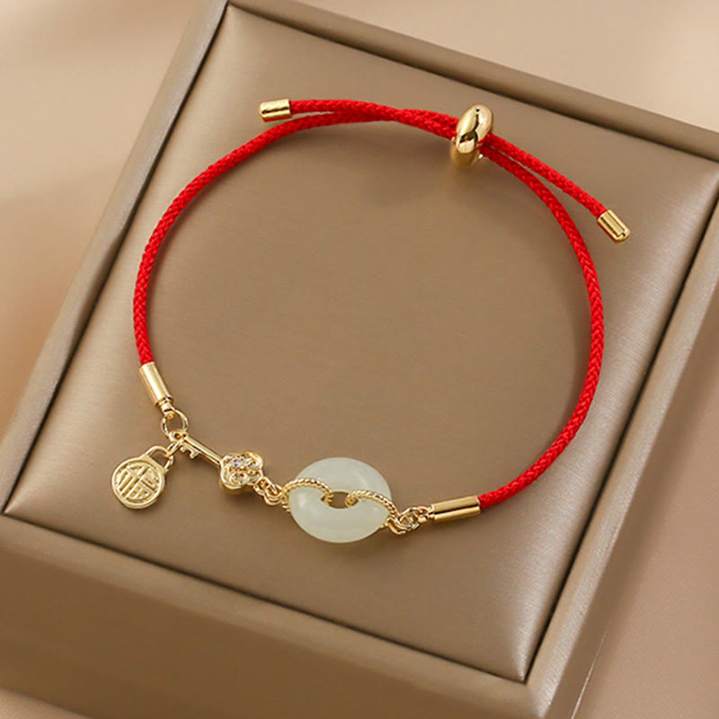 EverestArtstudios 18K Gold Plated Hetian Jade Peace Buckle Fu Character Luck Red Rope Bracelet