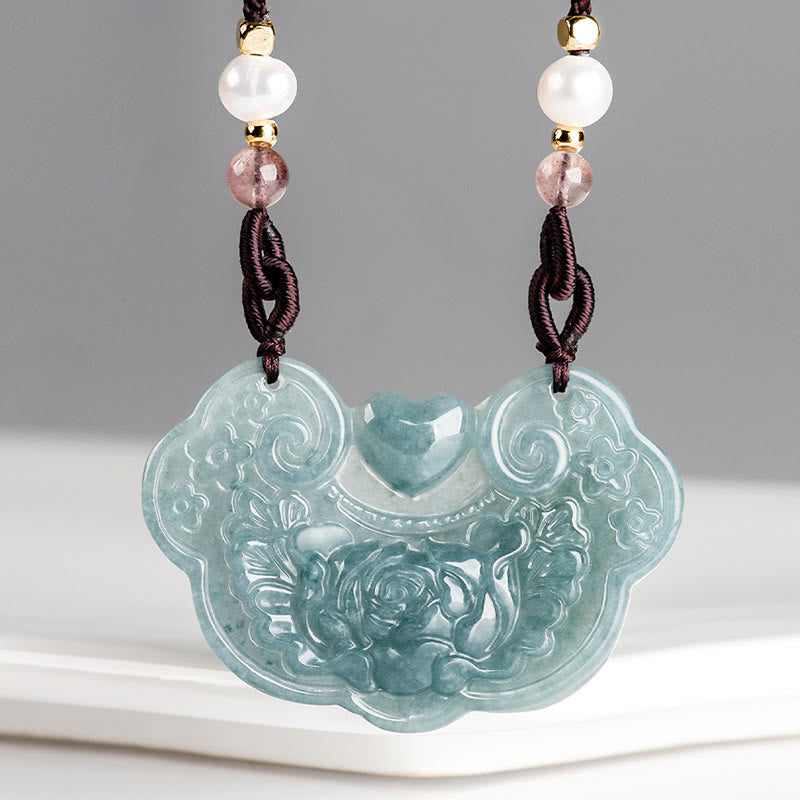 EverestArtstudios Natural Jade Peony Flower Lock of Good Wishes Prosperity Necklace Pendant