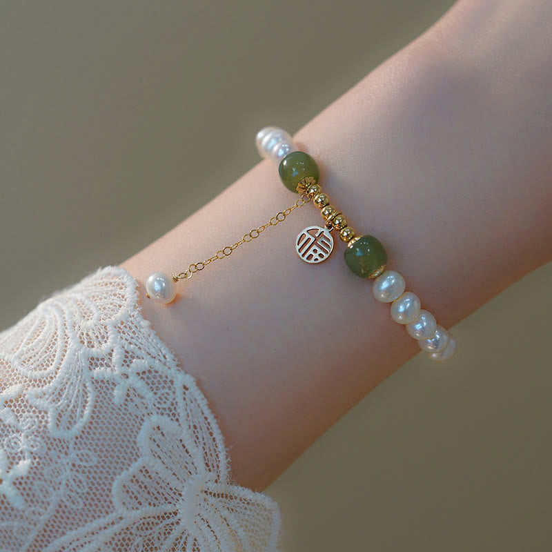 Buddha Stones Natural Pearl Hetian Jade Happiness Wisdom Bead Bracelet