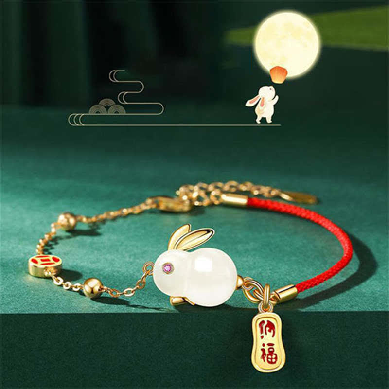 EverestArtstudios Year of the Rabbit White Jade Happiness Red String Chain Bracelet