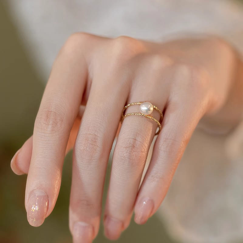 EverestArtstudios Round Jade Pearl Bead Double Layer Copper Luck Adjustable Ring
