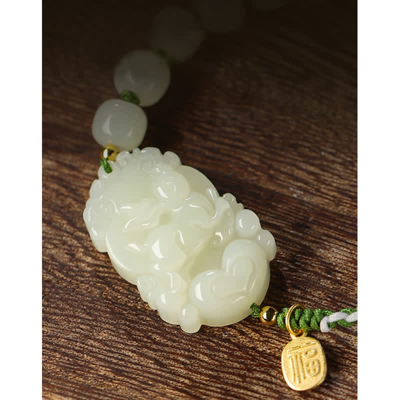 Buddha Stones 925 Sterling Silver Chinese Zodiac Hetian Jade Happiness Luck String Bracelet