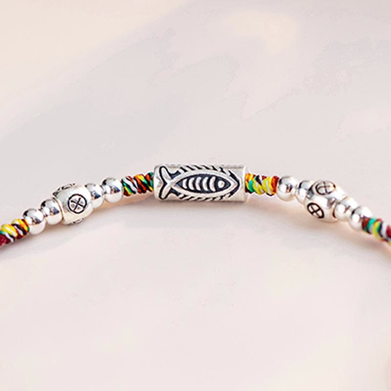 EverestArtstudios 925 Sterling Silver Luck Koi Fish Braided Colorful String Bracelet Anklet