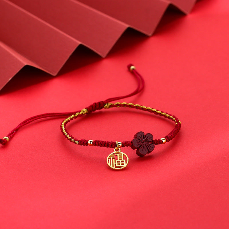 EverestArtstudios Cinnabar Flower Fu Character Blessing Braided String Bracelet