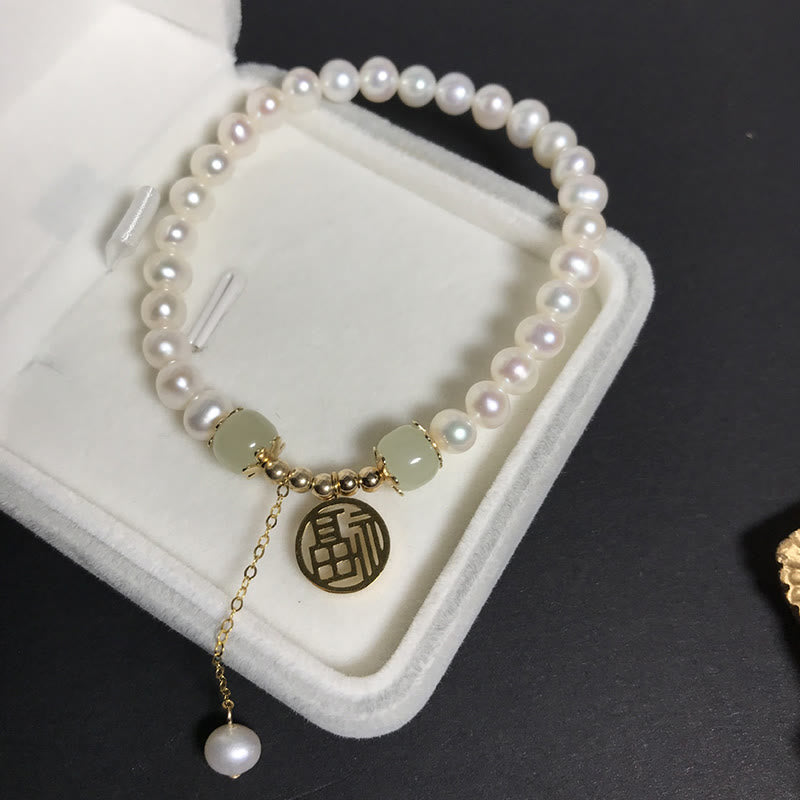 Buddha Stones Natural Pearl Hetian Jade Happiness Wisdom Bead Bracelet