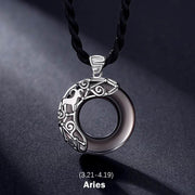 Buddha Stones 12 Constellations of the Zodiac Ice Obsidian Blessing Round Pendant Necklace