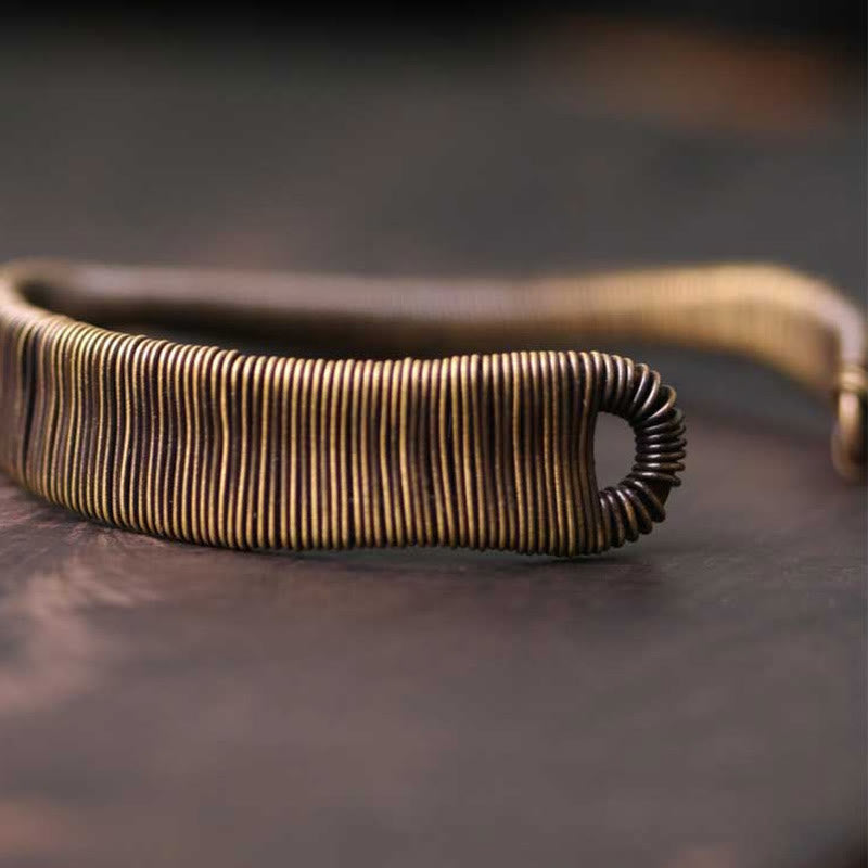 Buddha Stones Simple Design Wrapped Brass Copper Luck Wealth Adjustable Cuff Bracelet