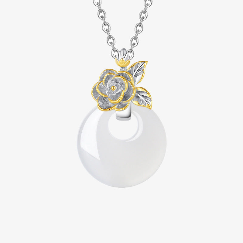 EverestArtstudios 925 Sterling Silver Round Chalcedony Twelve Months Flower Harmony Necklace Pendant