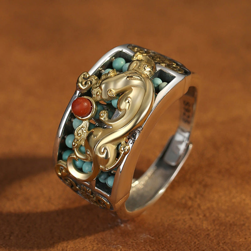 EverestArtStudios 925 Sterling Silver Turquoise Red Agate PiXiu Abacus Protection Ring