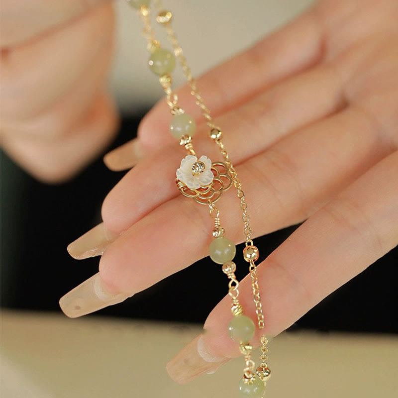 EverestArtStudios 14K Gold Plated Jade Butterfly Tridacna Stone Flower Double Layer Luck Bracelet