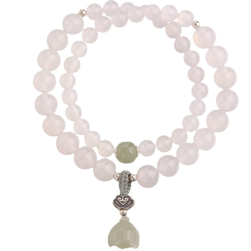 Buddha Stones White Agate Jade Lotus Protection Bracelet