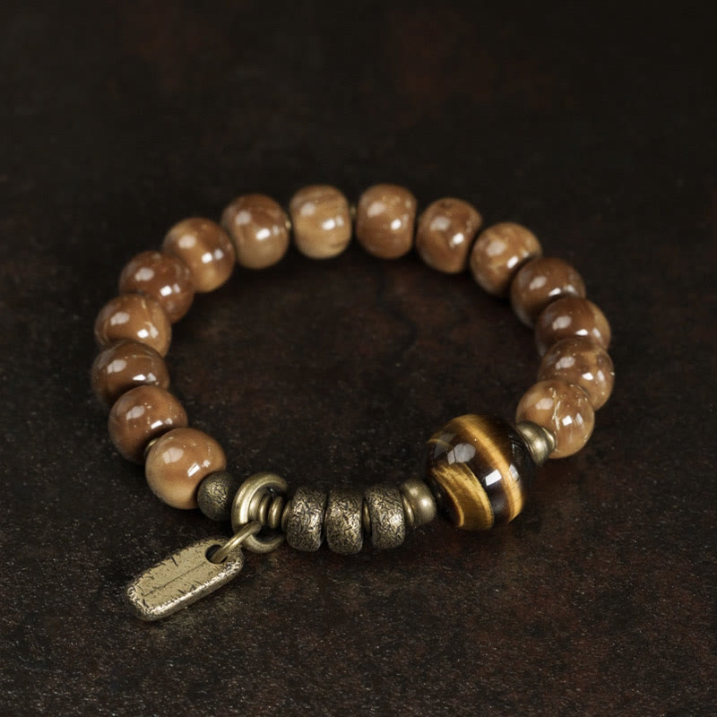 Buddha Stones Kuka Seed Tiger Eye Gold Sheen Obsidian Brass Copper Wealth Luck Bracelet