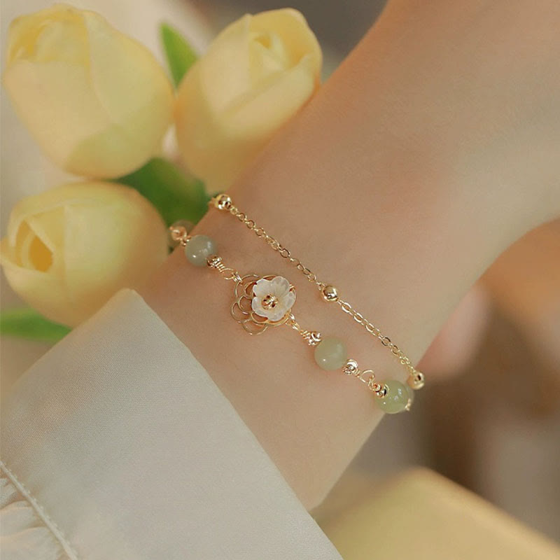 EverestArtStudios 14K Gold Plated Jade Butterfly Tridacna Stone Flower Double Layer Luck Bracelet