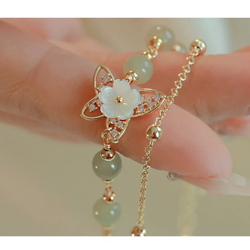 EverestArtStudios 14K Gold Plated Jade Butterfly Tridacna Stone Flower Double Layer Luck Bracelet