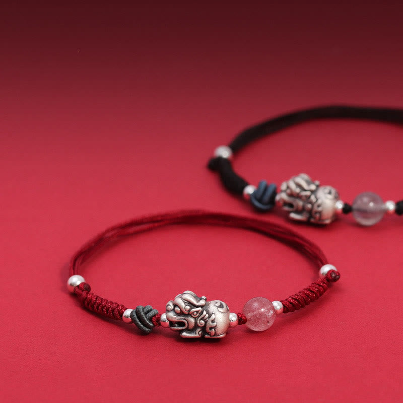 EverestArtstudios 999 Sterling Silver PiXiu Strawberry Quartz Bead Wealth Luck Braided Bracelet