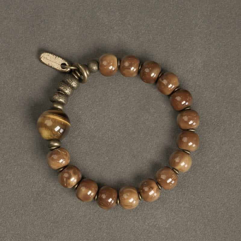 Buddha Stones Kuka Seed Tiger Eye Gold Sheen Obsidian Brass Copper Wealth Luck Bracelet