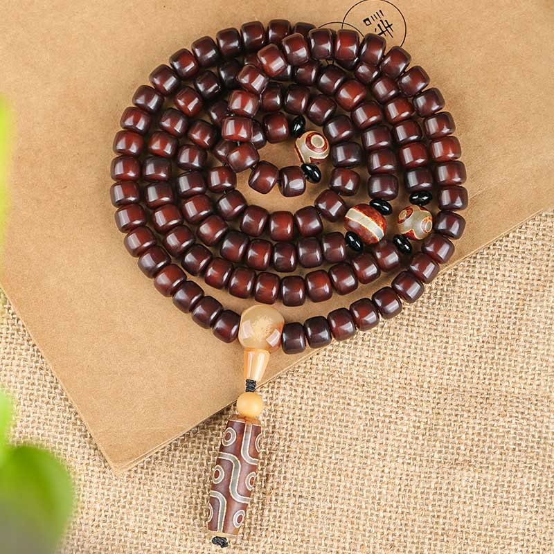 EverestArtstudios 108 Mala Beads Three-eyed Dzi Bead Nine-eye Dzi Bead Jade Luck Bracelet