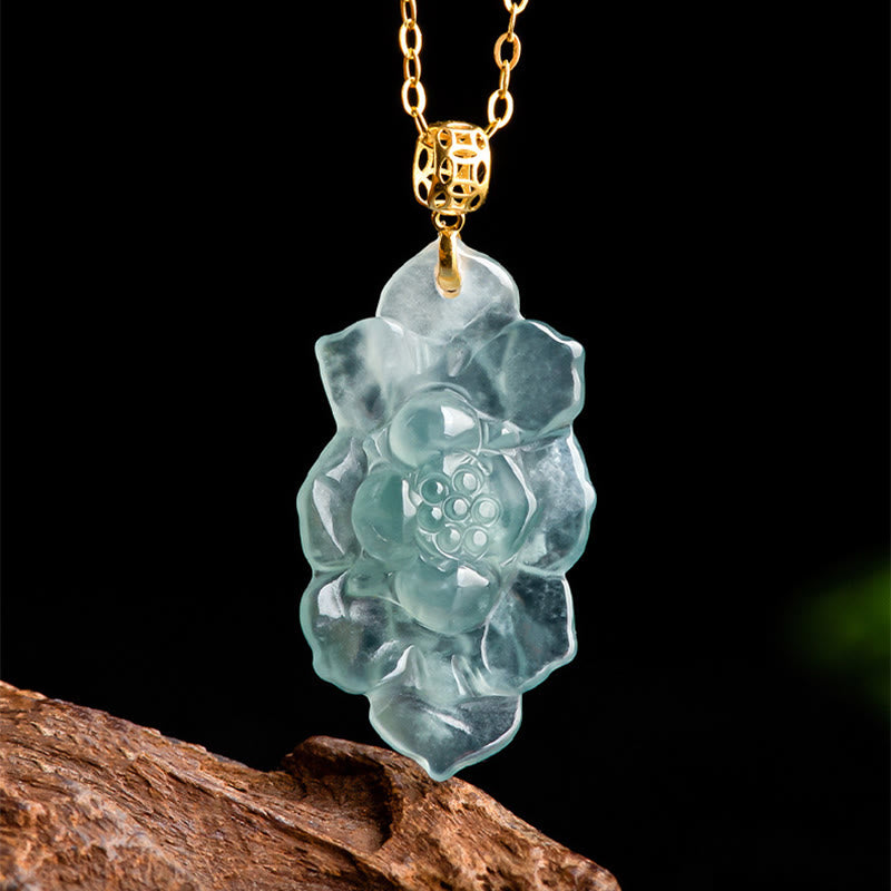 Buddha Stones Natural Jade Lotus Pattern Prosperity Titanium Steel Chain Necklace Pendant