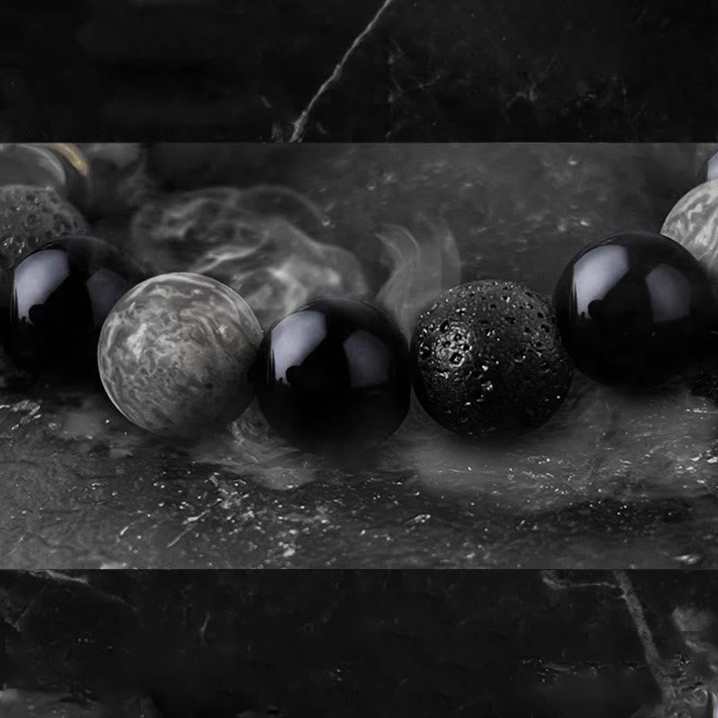 EverestArtStudios Black Obsidian Lava Rock Stone Yin Yang Strength Bracelet