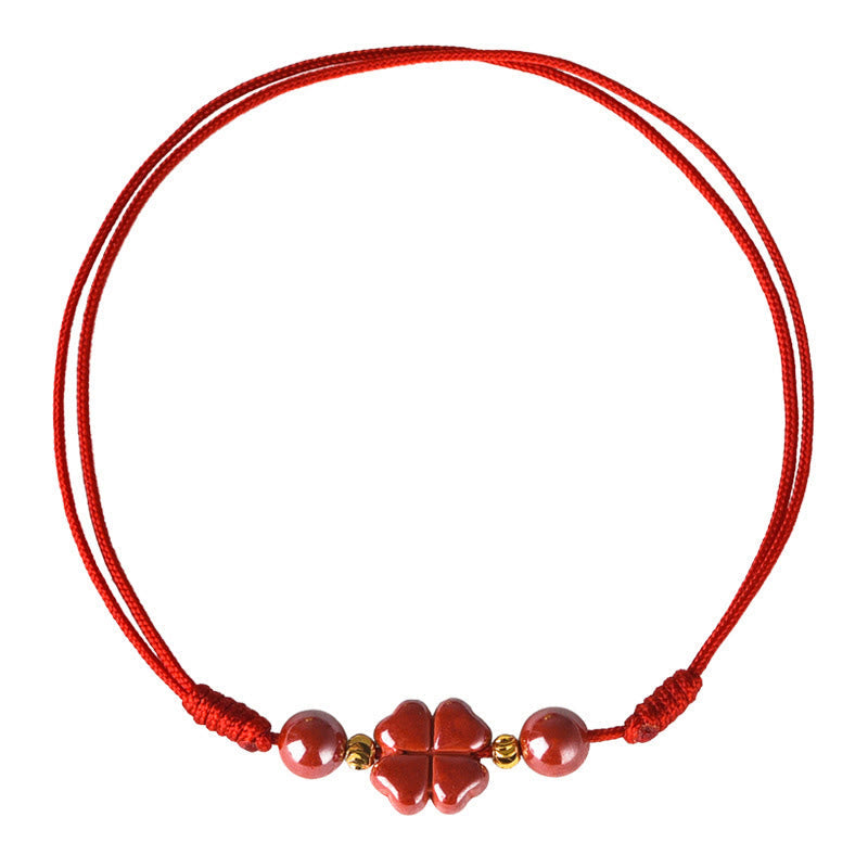 EverestArtstudios Four Leaf Clover Cinnabar Blessing Calm String Bracelet Anklet