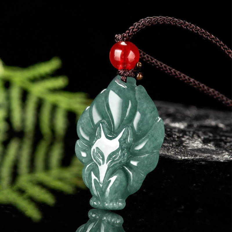 EverestArtstudios Natural Green Jade Nine Tailed Fox Luck Necklace Pendant