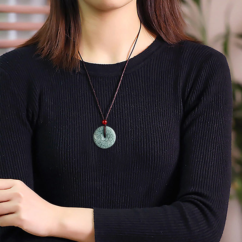 EverestArtstudios Green Jade Flower Carved Peace Buckle Abundance Necklace Pendant