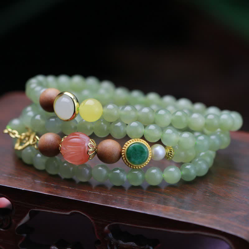 Buddha Stones Natural Hetian Jade Amber Lotus Red Agate Luck Abundance Bracelet