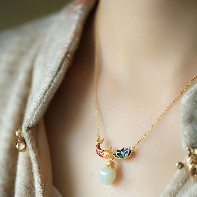 Buddha Stones White Jade Koi Fish Lotus Copper Protection Necklace Pendant