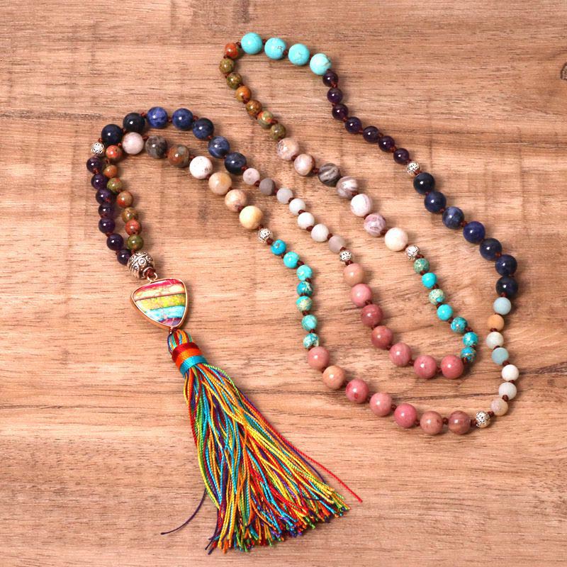 Buddha Stones Tibetan Turquoise Lazurite Lapis Lazuli Zebra Jasper Balance Necklace