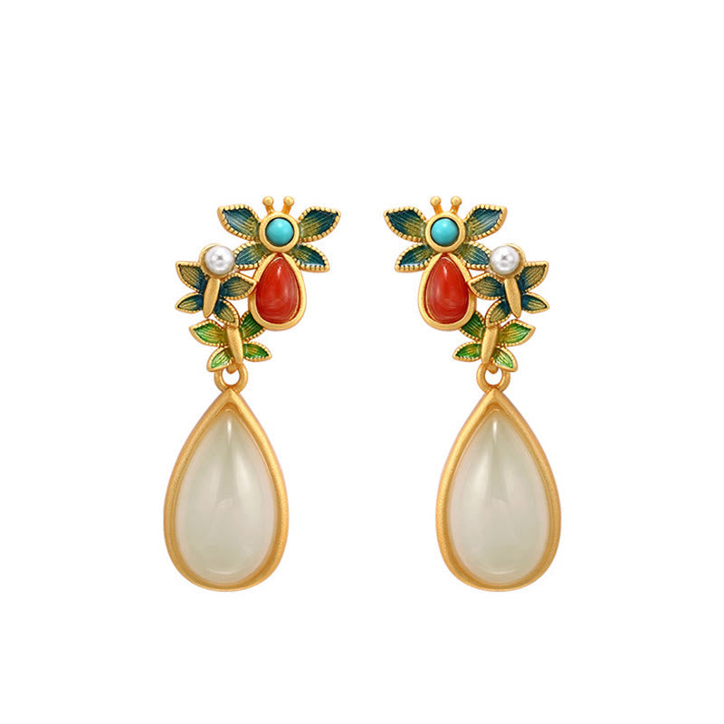 Buddha Stones Water Drop White Jade Red Agate Butterfly Protection Drop Dangle Earrings