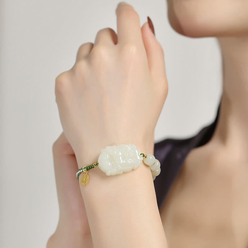 Buddha Stones 925 Sterling Silver Chinese Zodiac Hetian Jade Happiness Luck String Bracelet