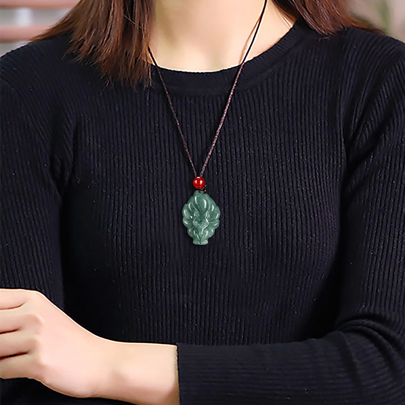 EverestArtstudios Natural Green Jade Nine Tailed Fox Luck Necklace Pendant
