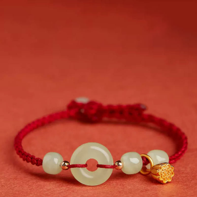 EverestArtstudios Round Peace Buckle Jade Lotus Happiness Abundance Wealth String Bracelet