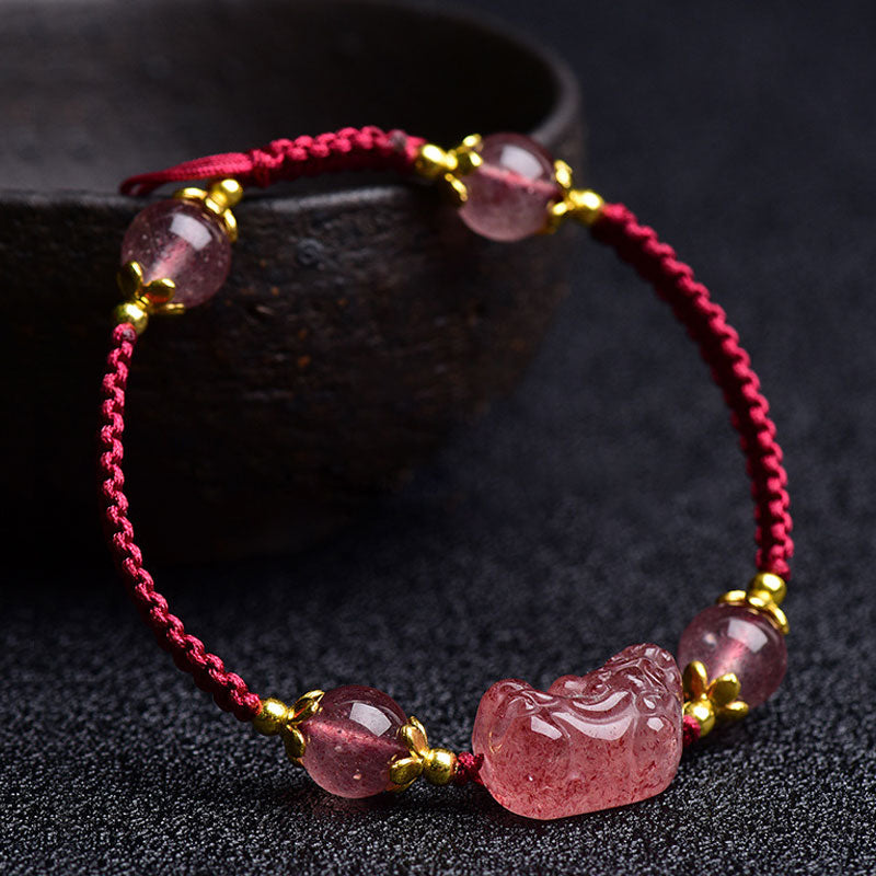 EverestArtstudios Natural Strawberry Crystal Pixiu Charm Lucky Red String Bracelet