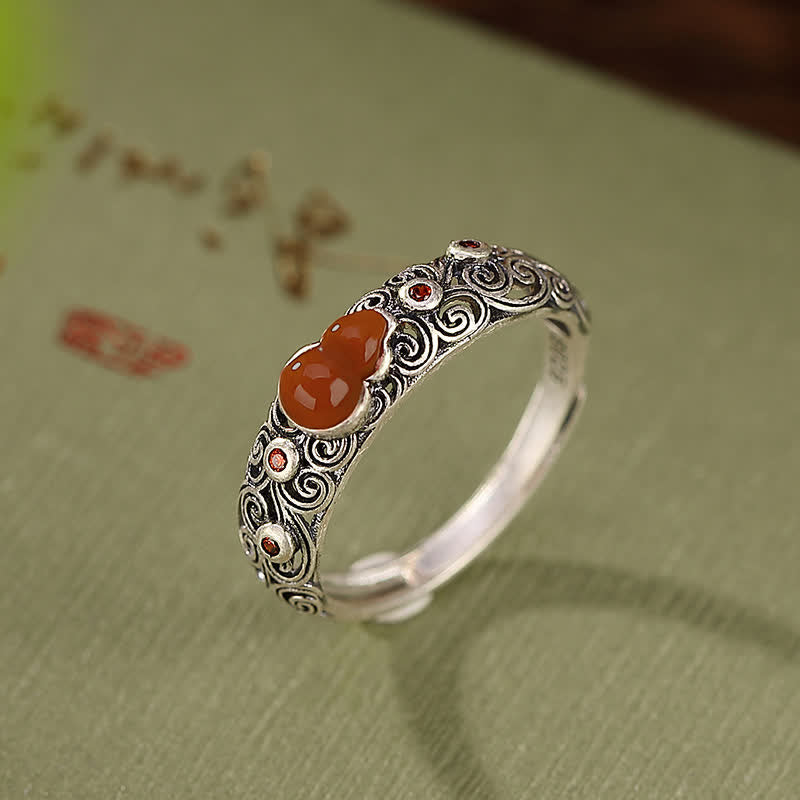 EverestArtstudios 925 Sterling Silver Red Agate Cyan Jade Gourd Blessing Auspicious Ring
