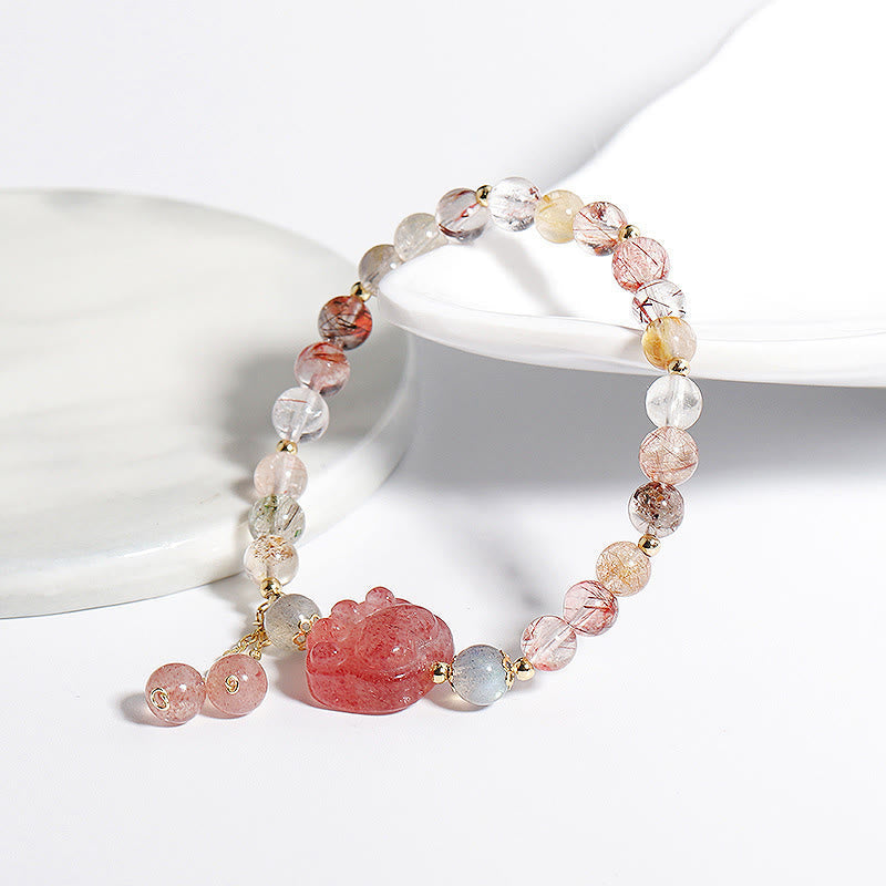 Buddha Stones Natural Strawberry Quartz Cat Paw Claw Colorful Rutilated Quartz Moonstone Love Bracelet
