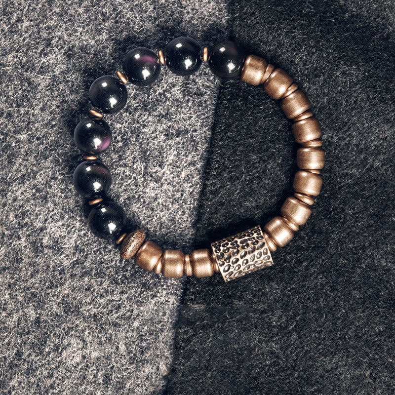 Buddha Stones Lava Rock Stone Rainbow Obsidian Brass Support Healing Bracelet
