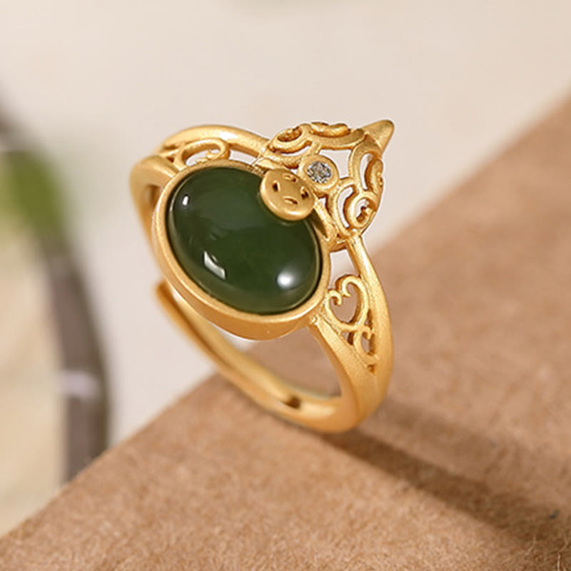 EverestArtstudios Gourd Cyan Jade Copper Coin Success Luck Adjustable Ring