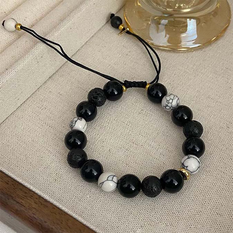 EverestArtStudios Black Obsidian Lava Rock Stone Yin Yang Strength Bracelet