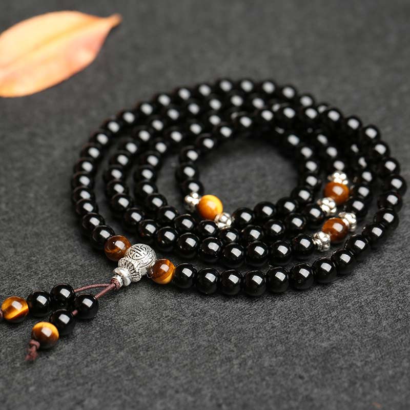 EverestArtStudios Black Obsidian Tiger Eye Blessing Mala Bracelet
